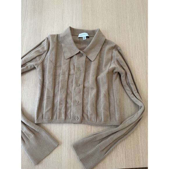 SOMETHING NAVY TAN RIBBED CROPPED CARDIGAN SZ XS FLARED LONG SLEEVE BUTTON 1943 - Picture 1 of 10